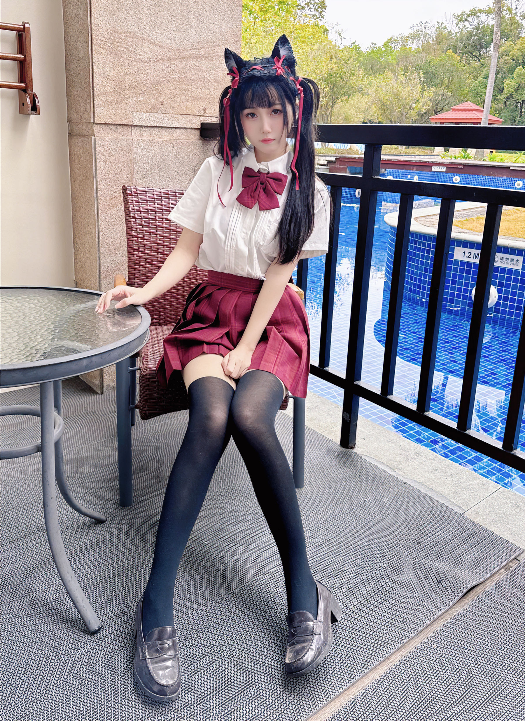 微博人气Coser 不呆猫 - 温泉双马尾JK 第1张图